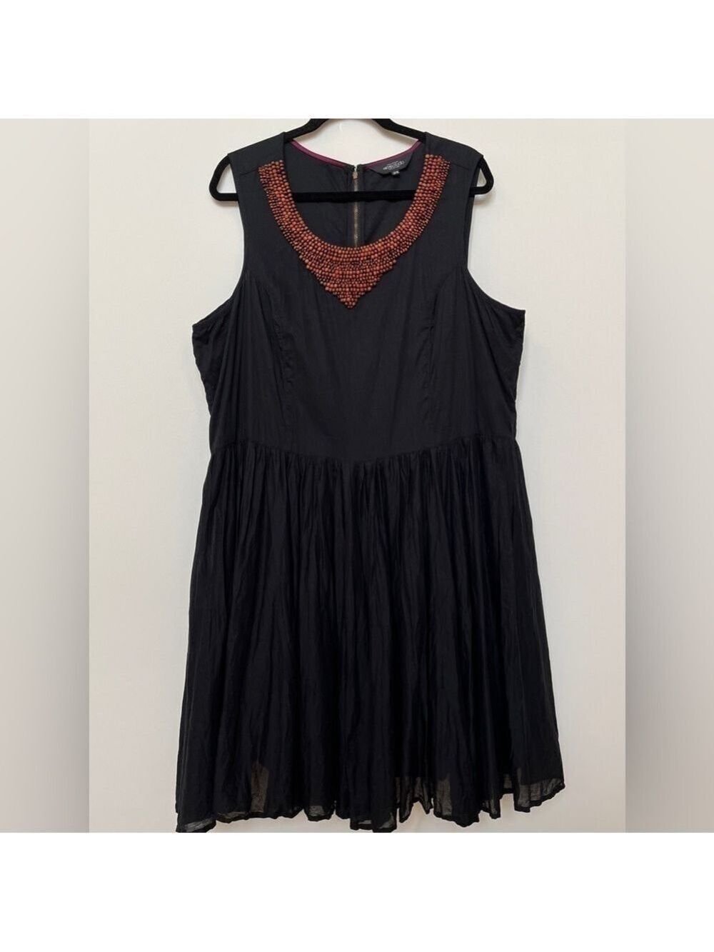 Michel Studio Collection Flowy Black Sleeveless Cotton Dress Beaded Tribal Artsy
